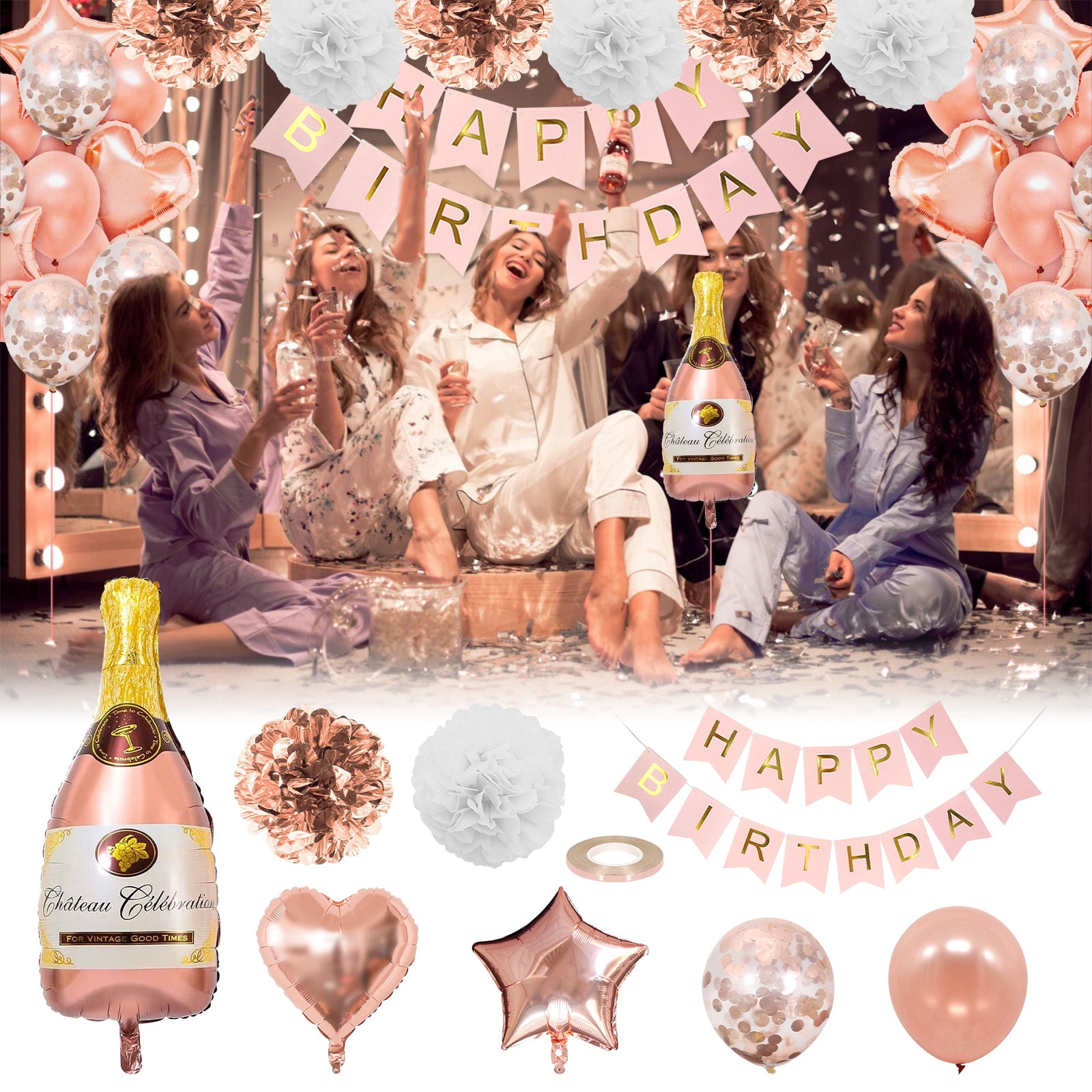 Birthday Decorations Happy Birthday Banner Metallic Rose Gold Confetti Balloons Giant Champagne Foil Girls Women Rose Gold Decorations For 1th 18th 21st 30th 40th 50th Birthday Party Supplies Walmart Com