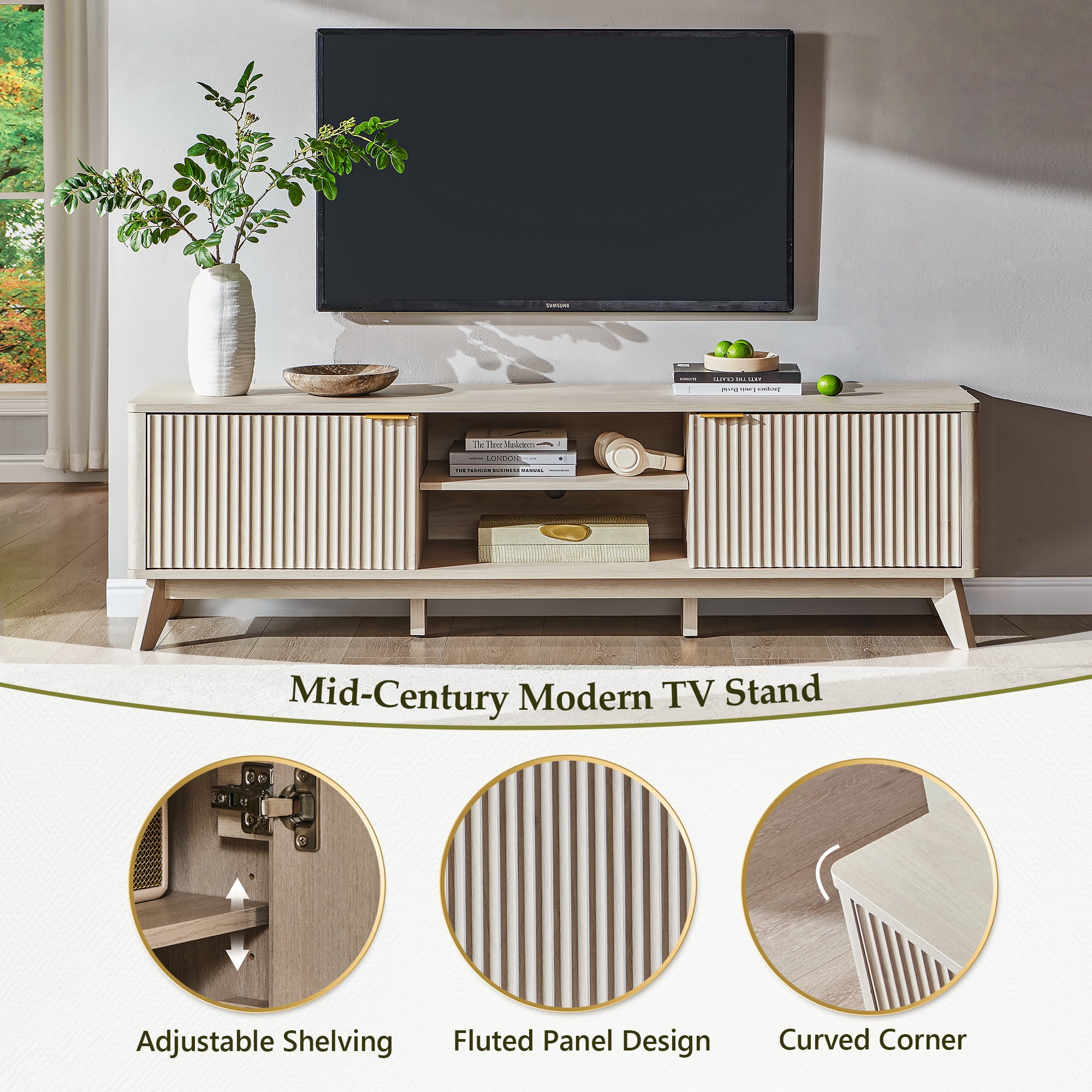 KeyWhat 70" TV Stand with 2 Soft Close Door, Modern Entertainment Center Console Table, Media Furniture for Living Room, Alder White