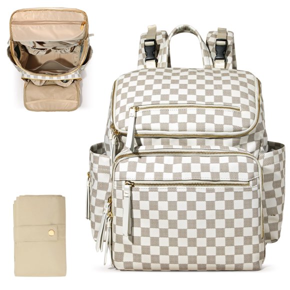 Mochila cambiador Omanmoli grande a cuadros, beige, de cuero