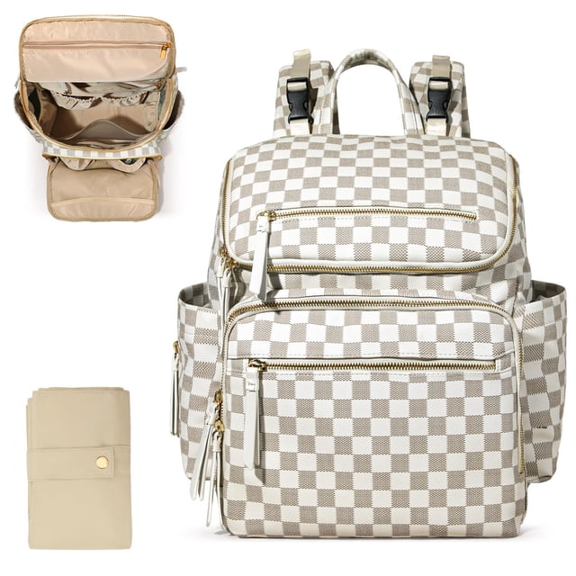 Mochila cambiador Omanmoli grande a cuadros, beige, de cuero