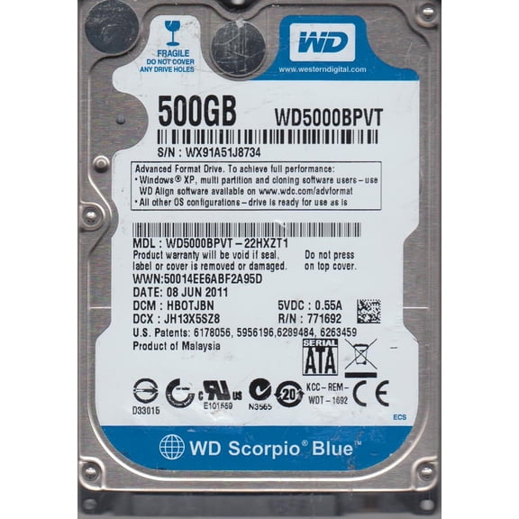 WD5000BPVT-22HXZT1, DCM HBOTJBN, Western Digital 500GB SATA 2.5 Hard Drive