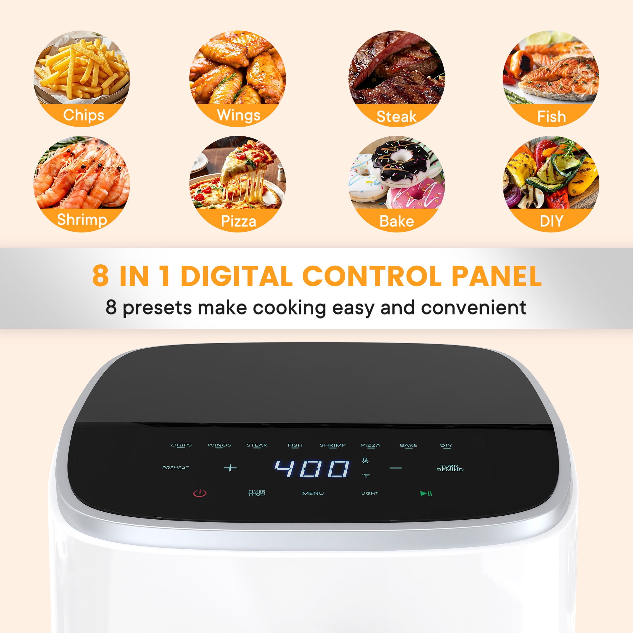 EDX 4QT Air Fryer, 1500W Digital Touchscreen with 8 Presets, Visible Window, Flip Reminder, Nonstick Dishwasher-Safe Basket, White