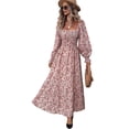 thumbnail image 2 of Women'S Dress Long Sleeve Square Neck Floral Print Smocked A Line Boho Flowy Maxi Dresses Pink M, 2 of 9