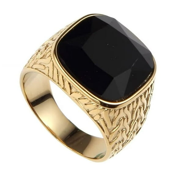 PAMTIER Men's Stainless Steel Vintage Punk Rock Domineering Personality Large Square Black Gemstone Signet Ring Simple Statement Gold Size 7