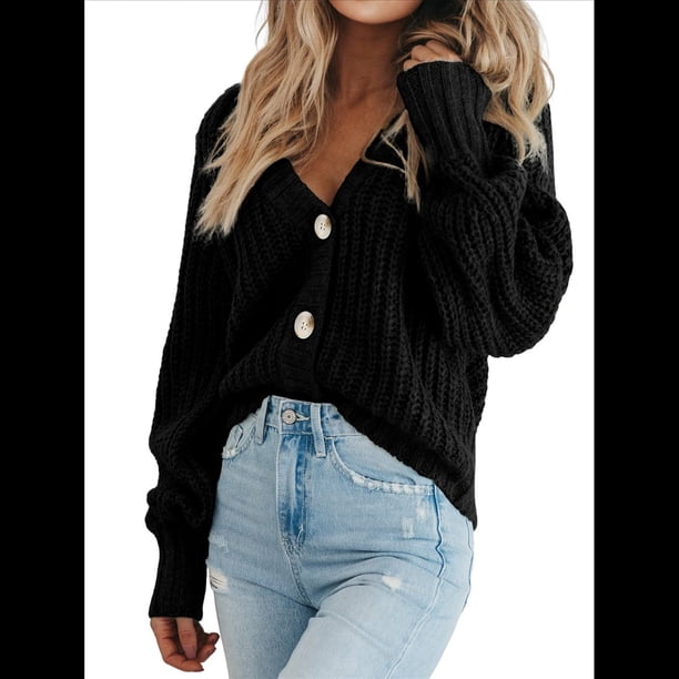 Suéter de Punto Grueso Abierto para Mujer, Larga, Botones, Cárdigan Corto Holgado, Abrigos de Abrigo. Negro XL