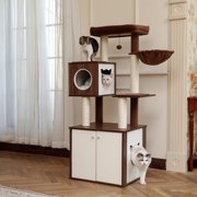 O'force All-in-One Multi-Functional Cat Tree Modern Wood Cat Tower with Cat Washroom Litter Box House, Cat Condo, Top Perch, Large Hammock and Scratching Post Brown