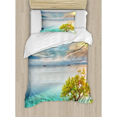Landscapes Art Set Scenery Duvet Cover Set, Sea Wiev Landscape Sunset Dawn Beach Abandoned Island Art Print Image, Decorative Bedding Set with Pillow Shams, Aqua Turquoise and Green, by Ambesonne ()