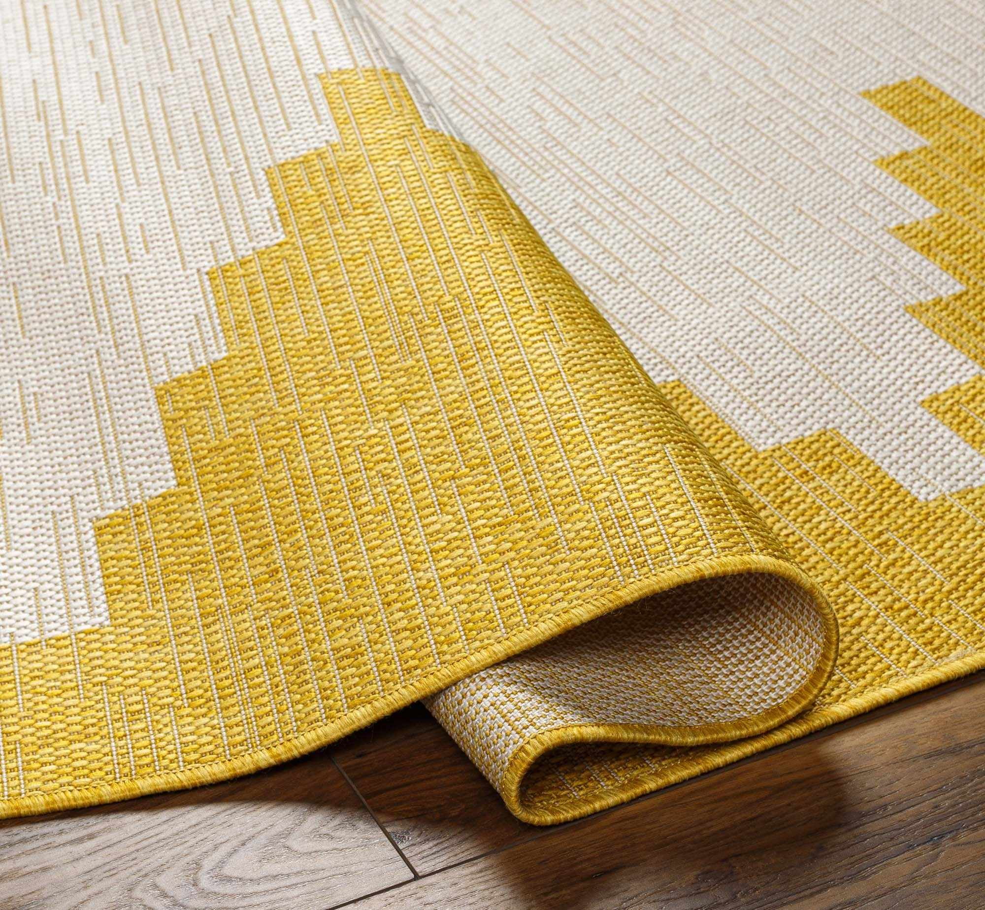 Hauteloom Djugun Outdoor Area Rug - Outside Porch Patio Rug Carpet - Waterproof Rug - Geometric - Yellow, Off White, White, Cream, Bone - 5'3" Round
