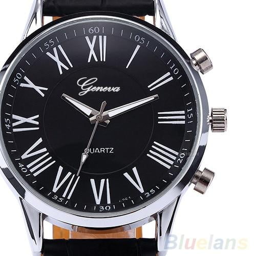Mens Elegant Leather Roman Dial Watch Analog Quartz Sport Wrist Watch Black