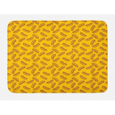 Hot Dog Bath Mat, Simplistic Tasty Food Doodle Pattern Frankfurter Bread, Plush Bathroom Decor Mat with Non Slip Backing, 29.5" X 17.5", Orange Apricot, by Ambesonne