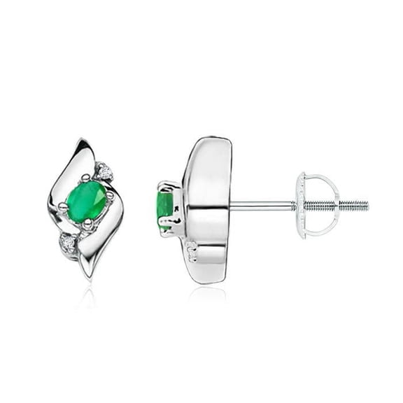 ANGARA Natural Oval Emerald and Diamond Shell Stud Earrings in Platinum for Women (Size-4x3mm) | May Birthstone, Birthday, Anniversary, Jewelry Gift for Women | Natural Emerald Earrings