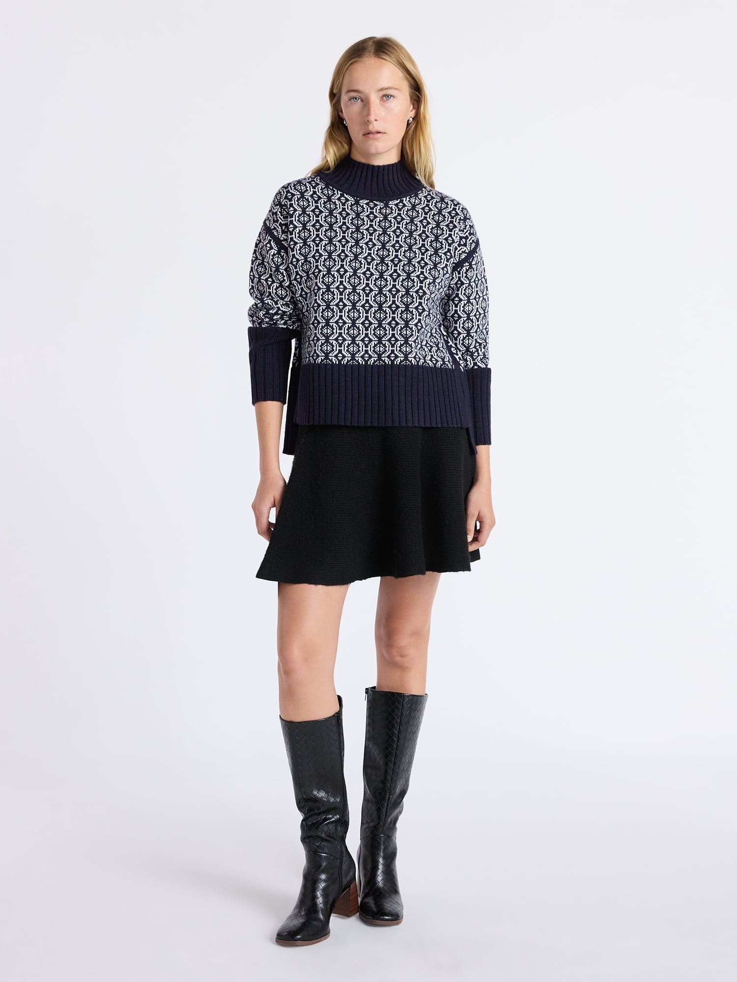 Free Assembly Women's Patterned Mock Neck Sweater with Tall Cuffs, Midweight, Sizes XS-XXL