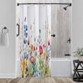 thumbnail image 1 of Cortina de ducha de 91 x 183 cm con diseño de flores moradas, verde azulado y naranja, con ganchos, moderna y minimalista, impermeable, lavable a máquina., 1 of 6