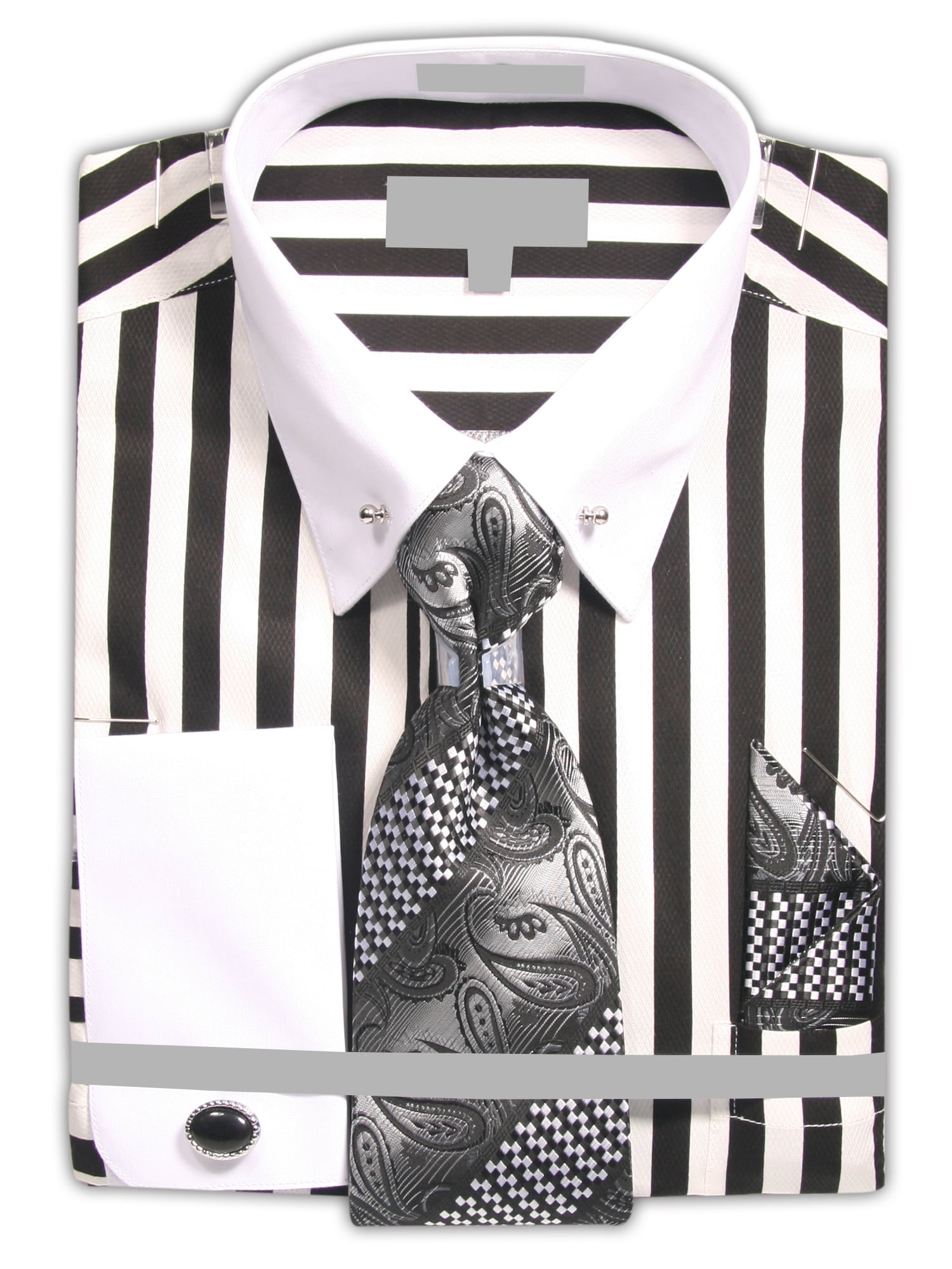 mens black and white striped dress shirt with white collar