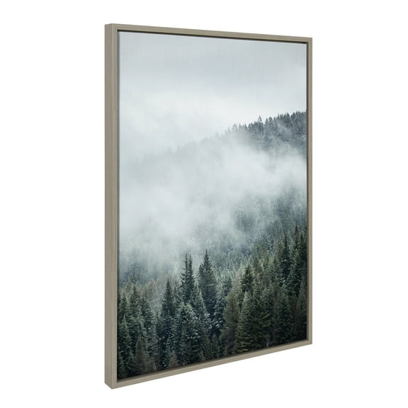 Kate and Laurel Sylvie Evergreens In Fog Framed Canvas Wall Art by Emiko and Mark Franzen of F2Images, 23x33 Gray, Natural Mountain Tree Landscape Art for Wall Decor
