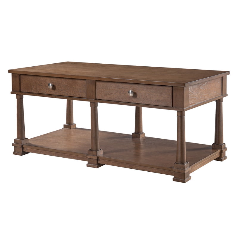 Mid-Century Modern Wood Coffee Table with 2 Storage Drawers & Open Shelf, Rectangular Cocktail End Table with Solid Wood Legs