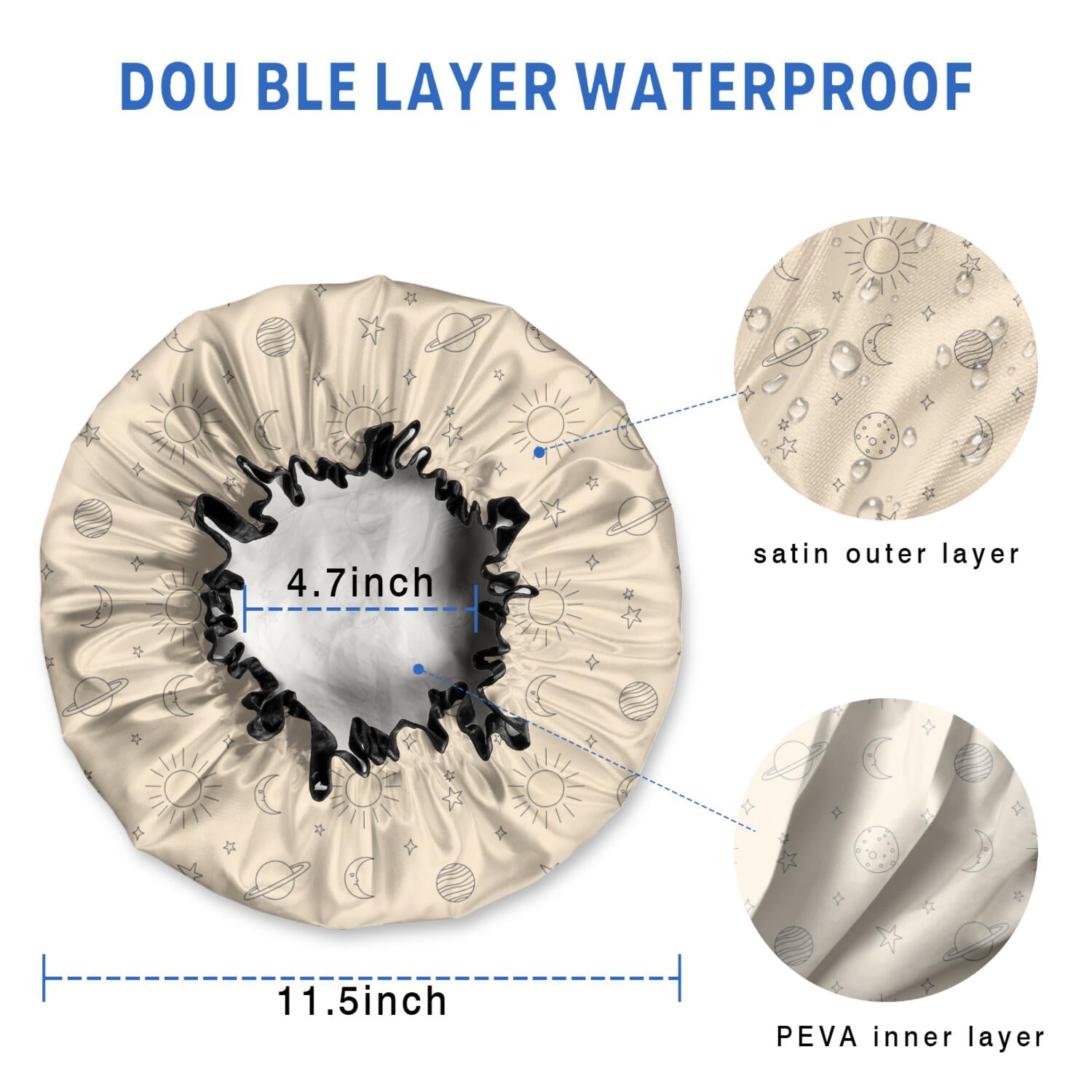 Shower Caps,Beige Sun Moon Planet Star Pattern Waterproof Shower Cap for Women 4 Pieces,Double Reusable Hair Cover for Shower PEVA Elastic Stretch Hem