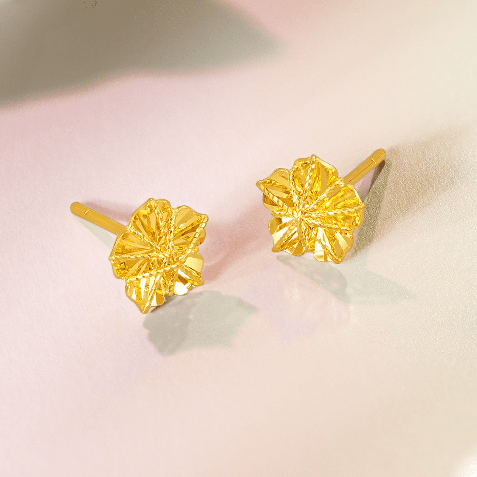 ZHOU LIU FU 24K Solid Gold Stud Earrings Exquisite Floral Design Anniversary Gift for Women A0910860