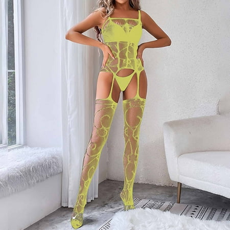 uublik Lingerie for Women Set Valentine s Day One Piece Nightwear Lace Nightgown Bodysuit Chemise Sleepwear Yellow Free Size