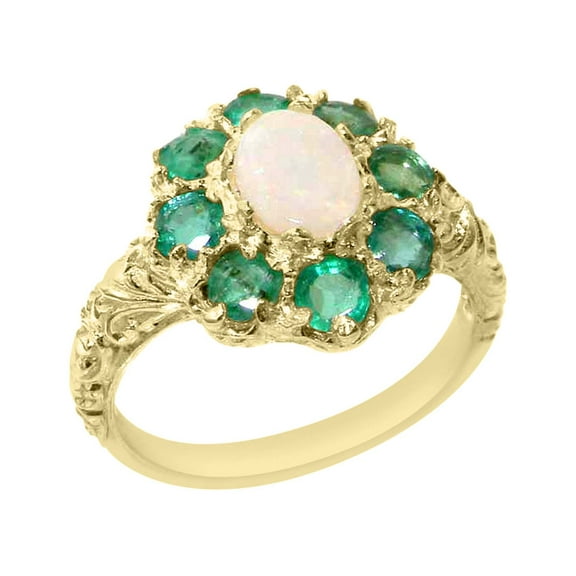 LBG British Made 9k Yellow Gold Natural Opal & Emerald Womens Statement Ring - 33 size options - Size 10