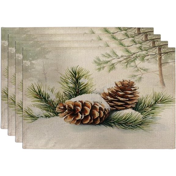 Pine Cones Placemats Set of 4, 12''x18'', Xmas Country Hollies Forest 4Pcs Print Washable Table Mats for Dinning, Acorns Holiday Home Kitchen Decor