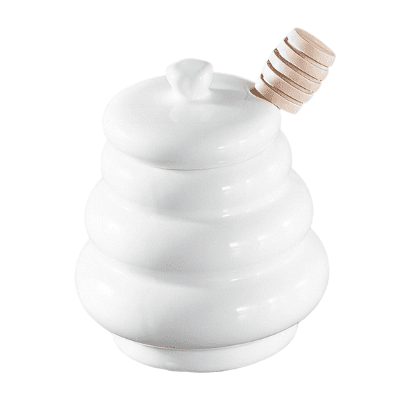 White Ceramic Honey Pot with Dipper and Lid, 200 ml, 3.7 x 3.7 x 4.7 in, Decorative Honey Storage Container, Long-Lasting Porcelain, Simple Style, Kitchen Decor, Easy to Clean
