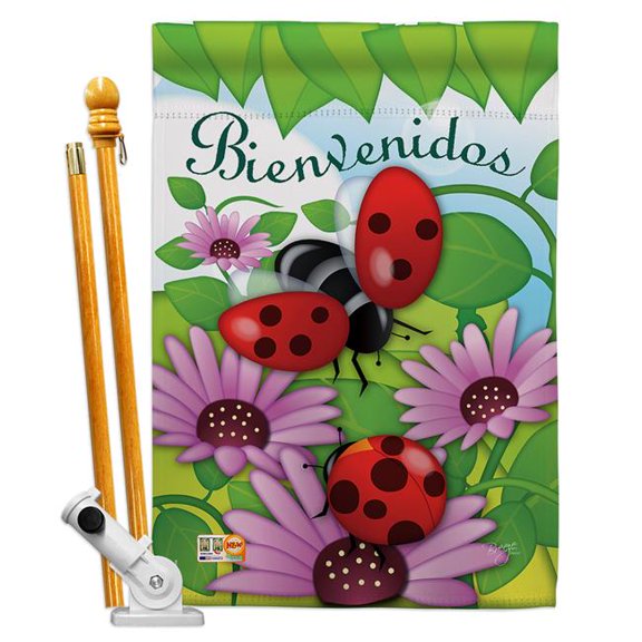 Breeze Decor BD-BG-HS-104074-IP-BO-D-IM11-BD 28 x 40 in. Bienvenidos Tortolitas Garden Friends Bugs & Frogs Impressions Decorative Vertical Double Sided House Flag Set & Pole Bracket Hardware