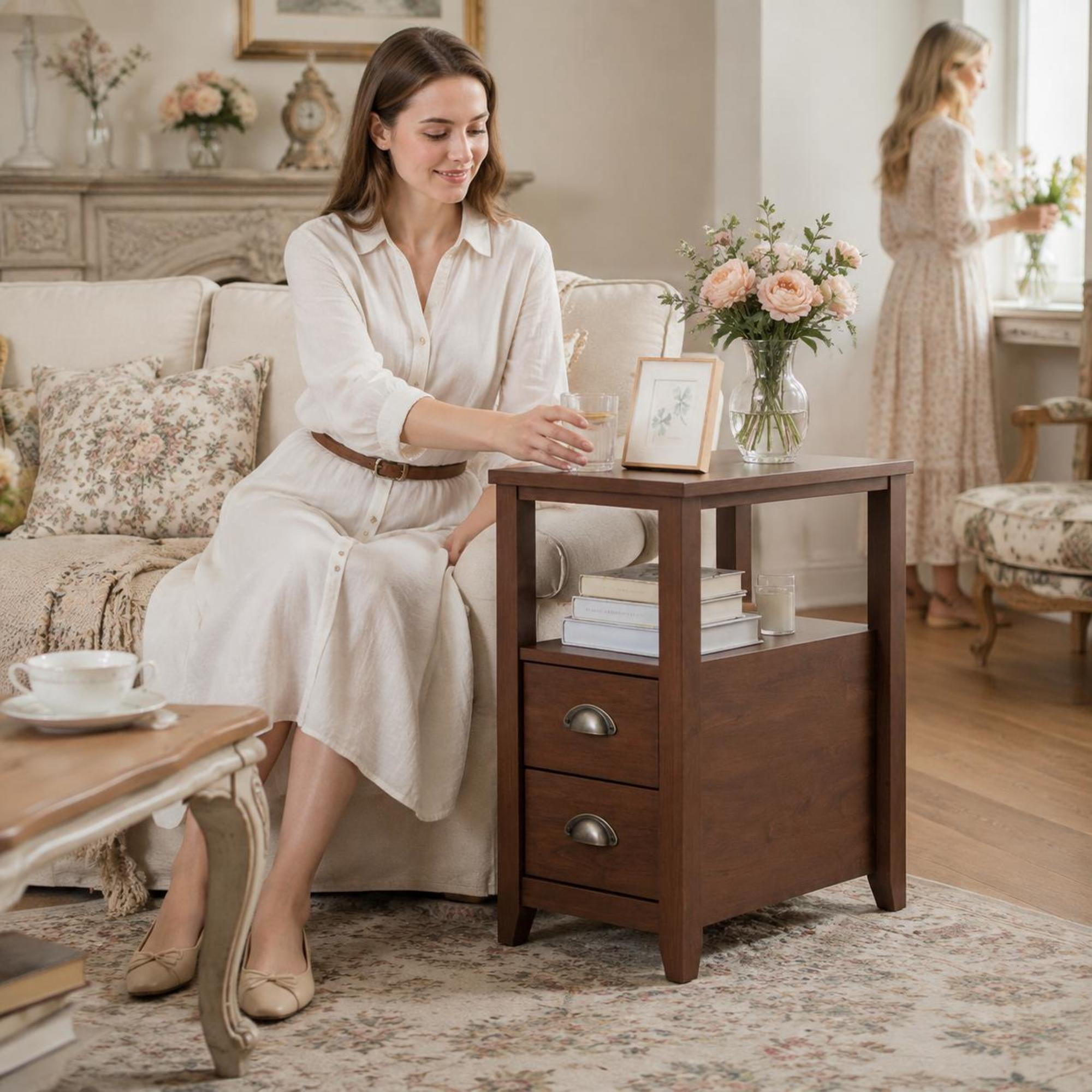 Brown Wooden End Table with 2 Drawers and Shelf Compact Bedside Table for Bedroom or Living Room