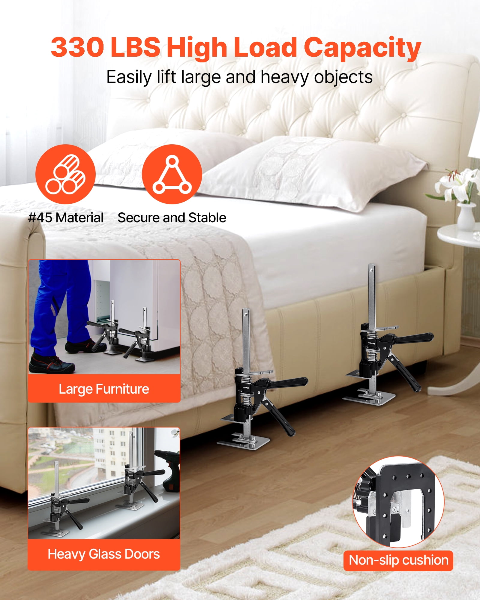 VEVOR Labor Saving Arm Jack, 2 PCS 330 lbs Bearing Capacity, Lifting up to 7.1", Metal Hand Lifting Jack Tool with Magnetic Level, Adjustable Height, for Door, Window, Furniture, Woodworking, Black