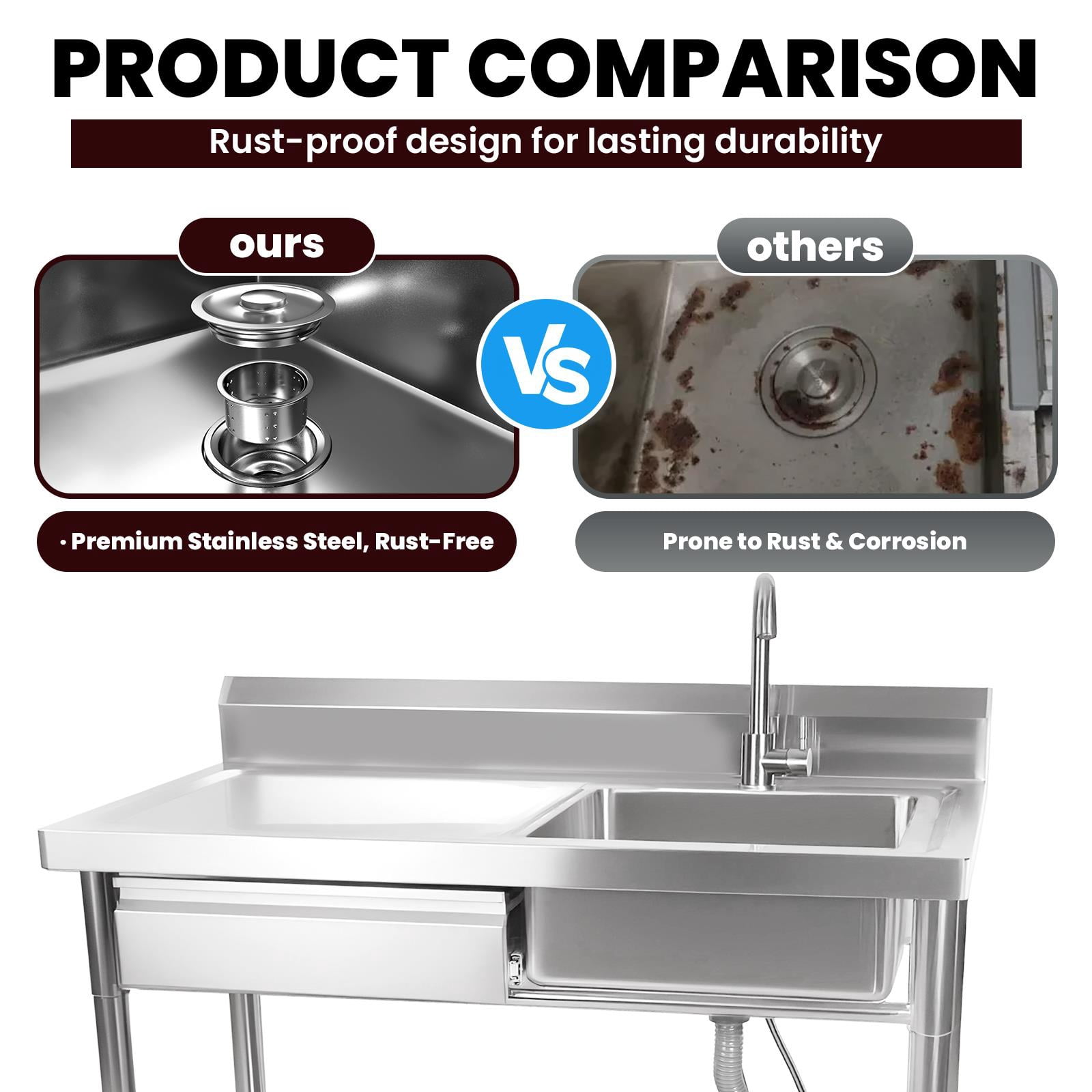 Kitchen Utility Sink, Silver 304 Rust-Proof Design, 360° Swivel Faucet, Hot Cold Water Compatible, Free Standing Single Bowl Sink with Drawer for Farmhouse Commercial Kitchen