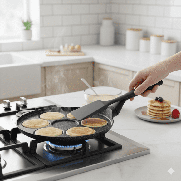 Sartén para Panqueques Granito Duradero Material Antiadherente, 7 Divisiones para Pancakes, Sartén Para Hot Cakes Pancakes 26.3 Cms, Modelo Nora Granito Negro