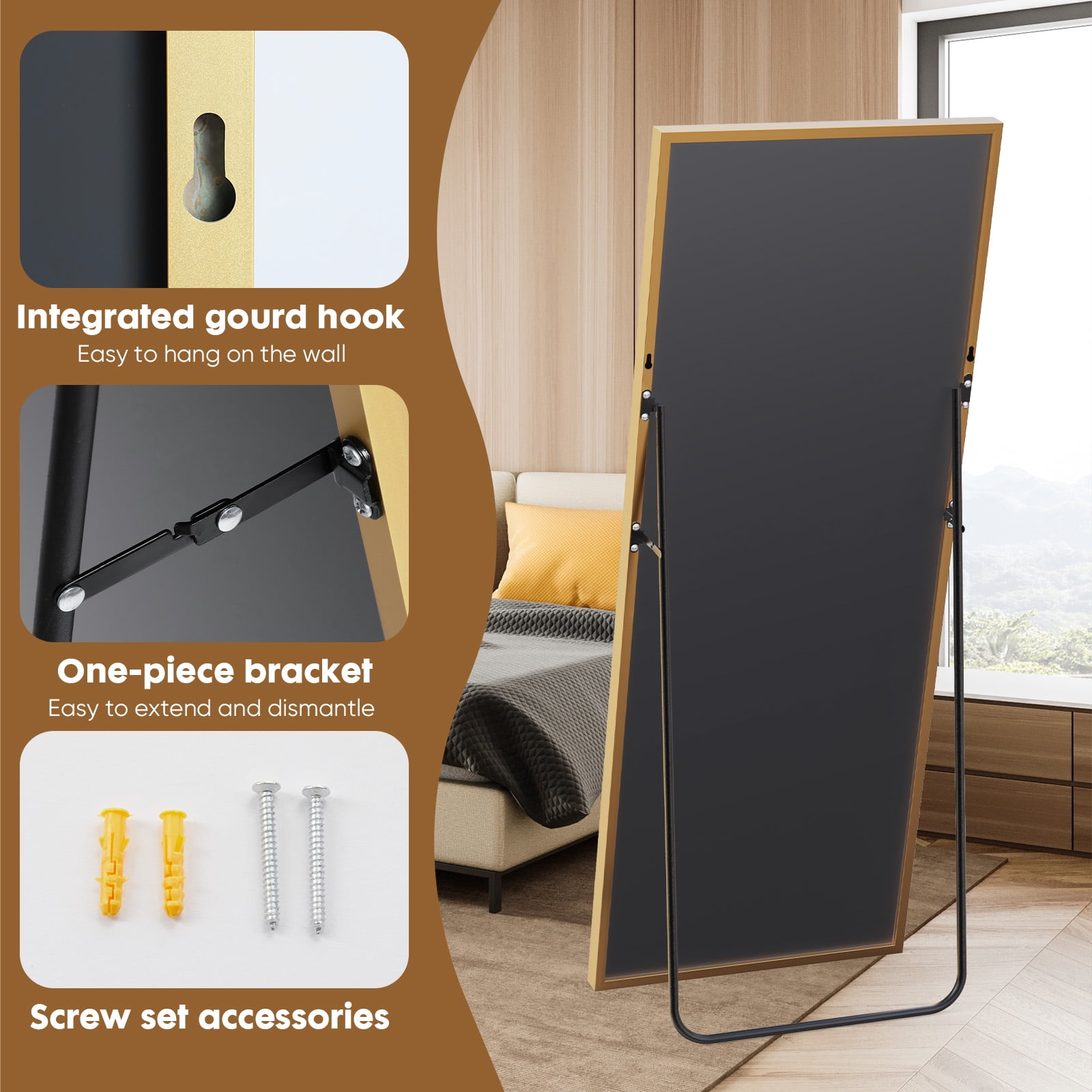 CONCETTA 71"x26" High-Quality Full Length Mirror, Aluminum Alloy Frame Ensures Stability, Standing Design for Bedroom, Gold