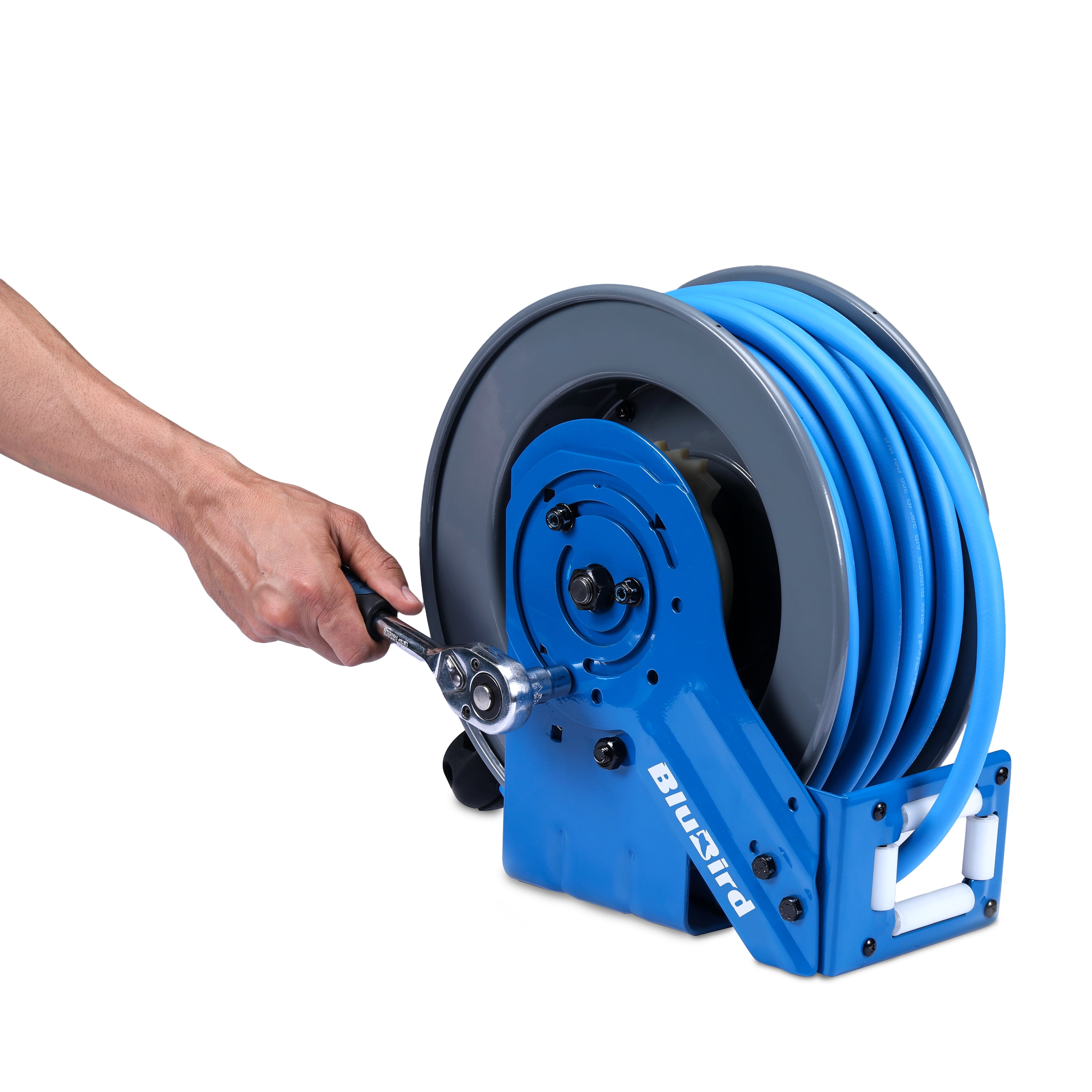 BluBird 3/8" x 50' Retractable Air Hose Reel – All-In-One Patented Design with 5-in-1 Coupler, 180° Swivel Mount, Heavy-Duty Steel, Rubber Hose, Auto Rewind