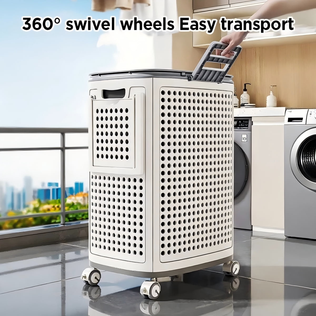 Joybos Wheeled Hamper, Plastic Laundry Hamper with Handle and Wheels for Easy Transport, White