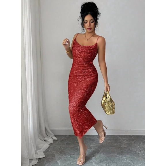 Red Sequin Spaghetti Strap Draped Neck Ruched Waist Midi Dress For Women