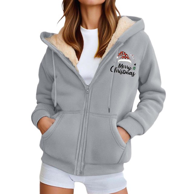 WILLBEST Sudadera Larga para Mujer, Estilo Casual de Invierno, con Cremallera, Forrada, con Estampado Festivo Chaqueta Suave, Cómoda y Cálida, Ideal para Deportes Al Aire Libre y Uso Diario XX-Grande