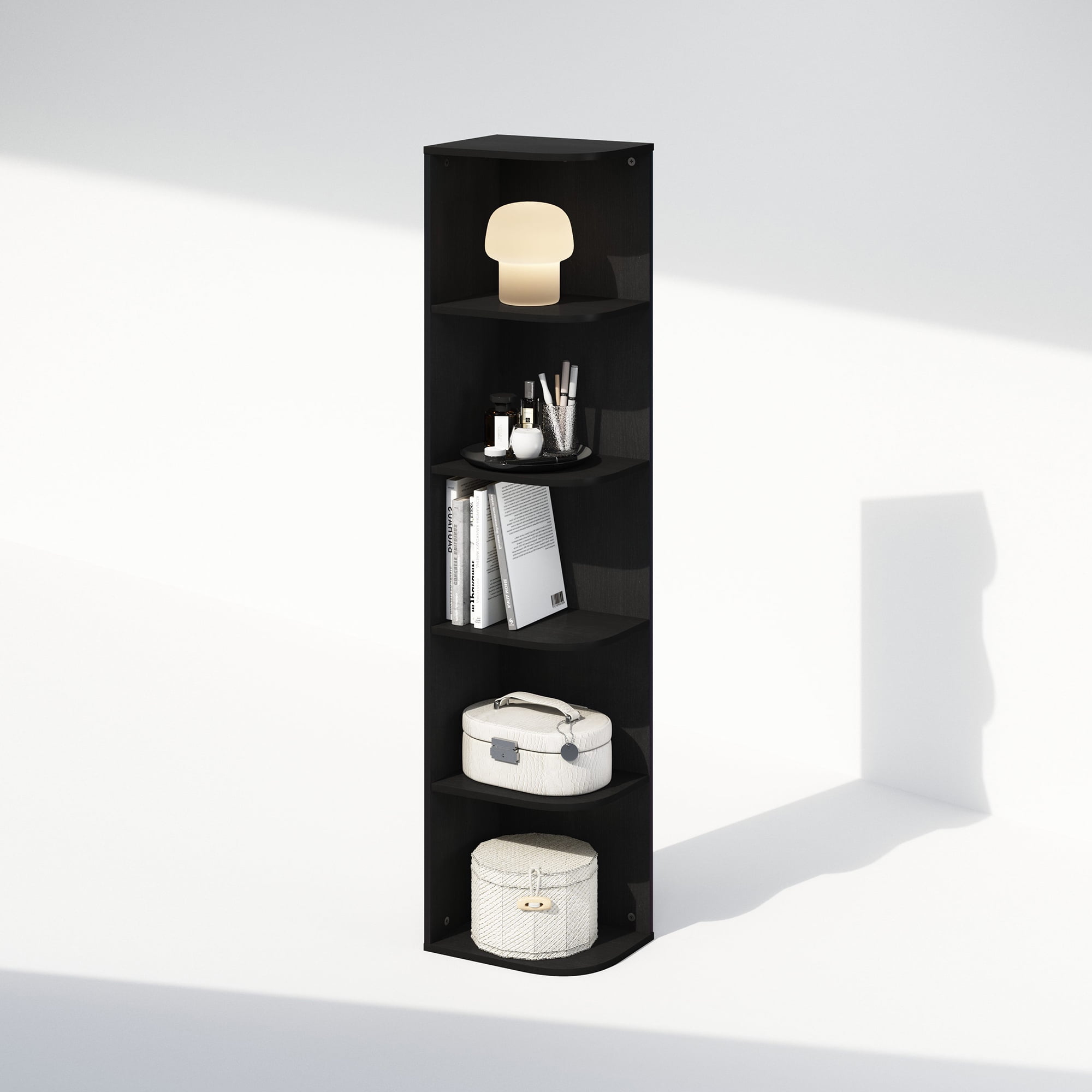 Furinno Reed 5-Tier Space Saving Corner Storage Display Shelf, Bookshelf, Blackwood