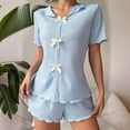 thumbnail image 2 of Bow Button Up Pajamas Set for Women Short Sleeve Ribbed Knit Sleepwear 2 Piece Pjs Shorts Set Sky Blue, 2 of 6