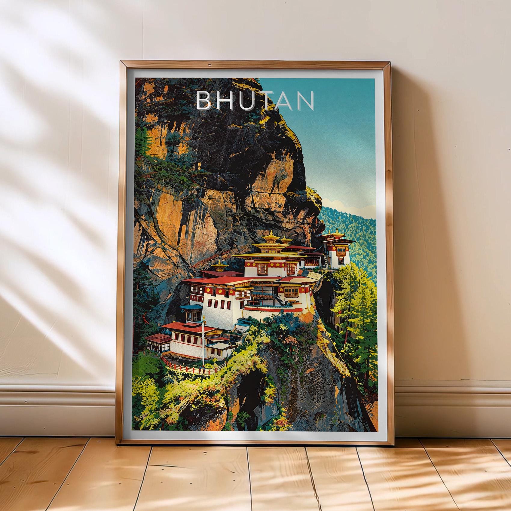 Bhutan Travel Poster, Himalayas Poster, Bhutan Retro Wall Art, Asia Decor, Tigers Nest Art, Bhutan Gift, , Poster Print Only