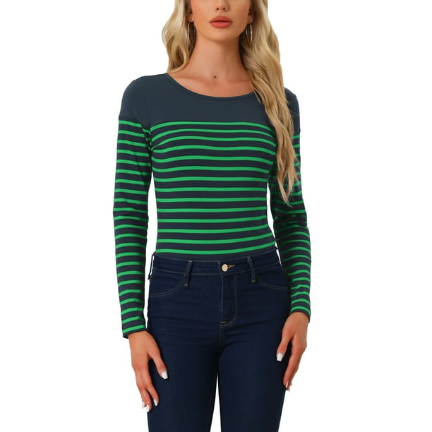 BLUSA CHIC para Mujeres INSPIRE a Rayas Color Block de Manga Larga Casual T-Shirt L Azul Marino Verde