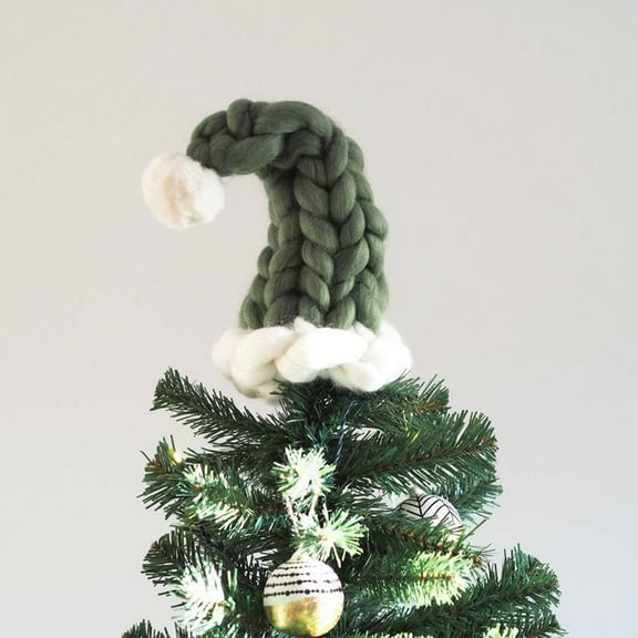 BGZLEU Chunky Hand-Knitted Christmas Santa/Elf Hat Tree Topper, Green Tree Topper Country Christmas Decor, Primitive Vintage Style Holiday Tree Topper, Xmas Hat Holiday Home Decoration