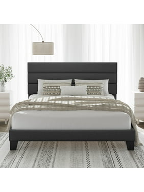 Allewie Queen Size Platform Bed Frame with Fabric Upholstered Headboard, Dark Grey