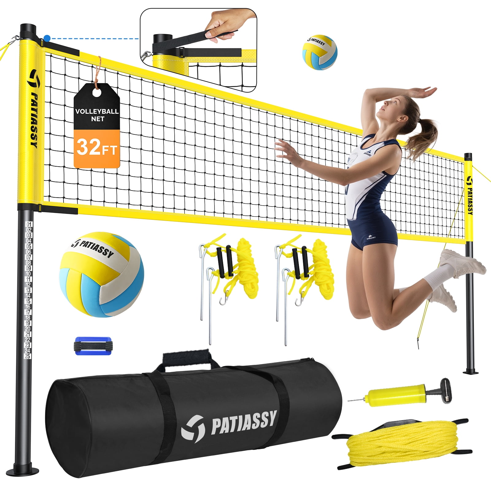 Patiassy 32FT Outdoor Volleyball Net Set, Adjustable Height Regulation-Size Net with Steel Poles, Volleyball, Pump & Carry Bag for Backyard, Beach & Lawn
