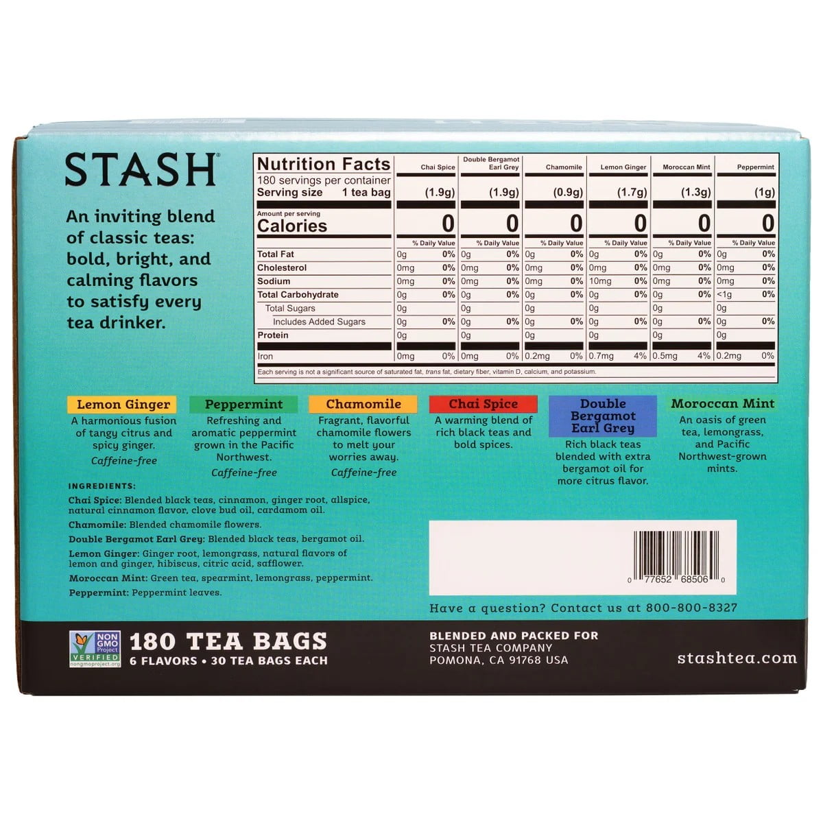 Stash Tea Essentials Variety Pack - 6 Flavor Assortment (Herbal, Black & Green Teas) - Non-GMO Verified - 180 Tea Bags Total