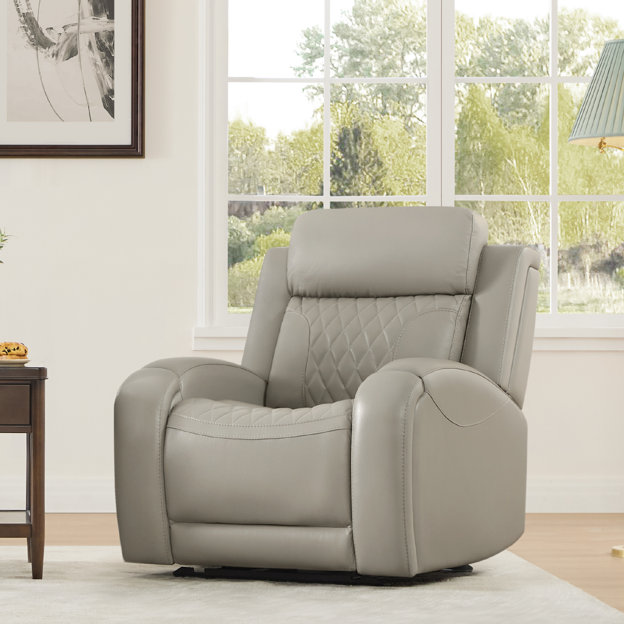 Spruce & Spring Leather Dual-Motor Lay Flat Recliner with Diamond Quilting, Light Gray