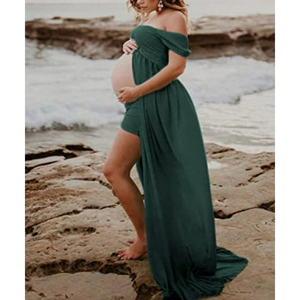 Women's Off Shoulder Chiffon Maternity Gown Lace Split Front Maxi  Photoshoot Dress for Photography (Dark Green,L)