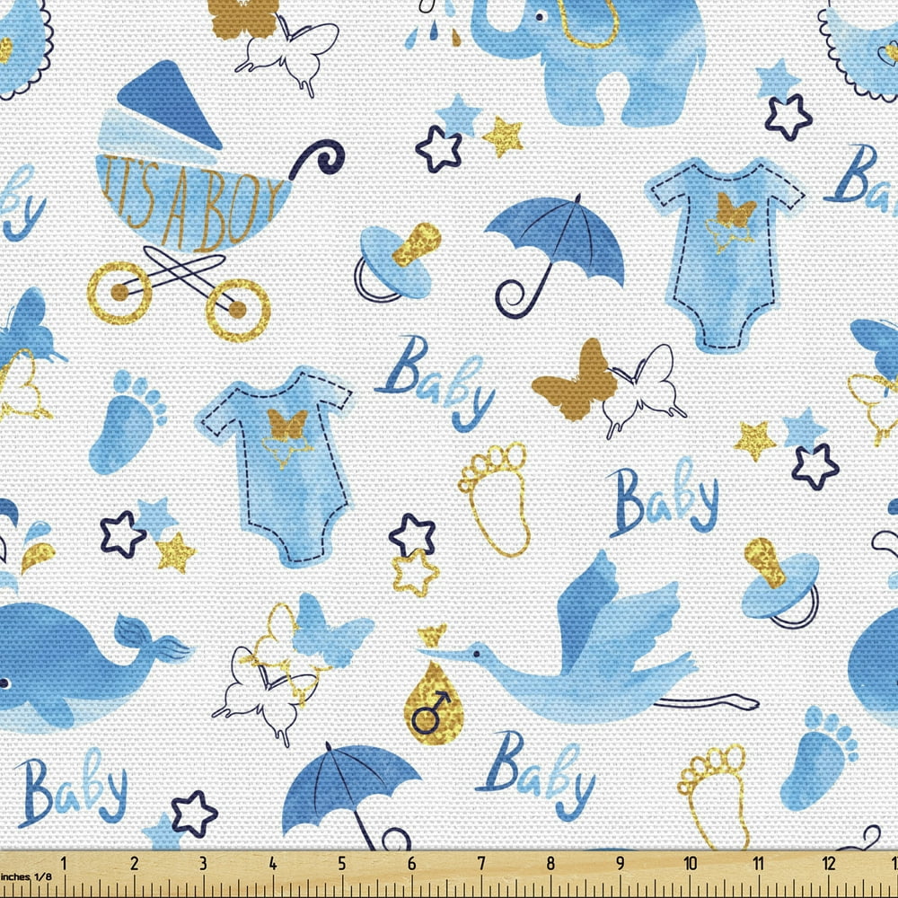 Baby Fabric by The Yard, Its a Boy Stork Carrying a Baby Elephants