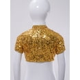 thumbnail image 4 of Haitryli Girls Shiny Latin Jazz Dance Outfits Short Sleeve Crop Top with Tiered Ruffle Skirt Cheerleading Dancewear Gold 6, 4 of 7