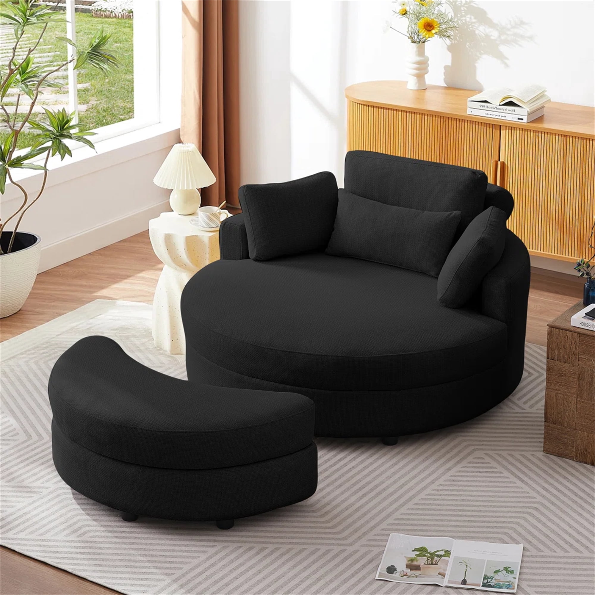 Aukfa 51"W Oversized Barrel Chair Accent Chair with Ottoman for Living Room Bedroom, Linen, Black