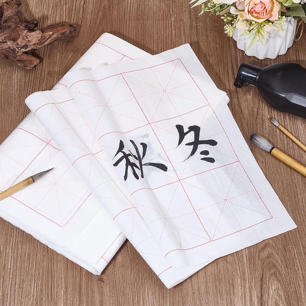 100 Sheets White Chinese Calligraphy Xuan Paper 25.7x13.6 Inch White Rice Paper with Grids DIY for Brush Writing Traditional Chinese Japanese Practice Paper DIY for Calligraphy Lover Beginner